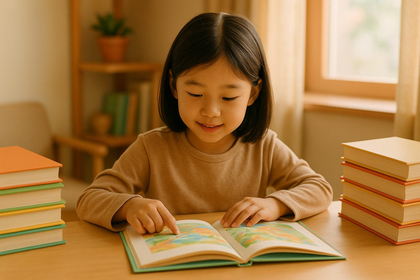Young child reading a picture book while learning early reading skills