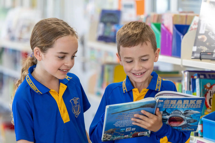 Children exploring shark books and learning about ocean animals.